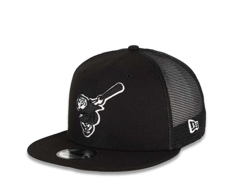 San Diego Padres New Era MLB 9FIFTY 950 Mesh Trucker Snapback Cap Hat Black Crown/Visor Black/White Friar Logo