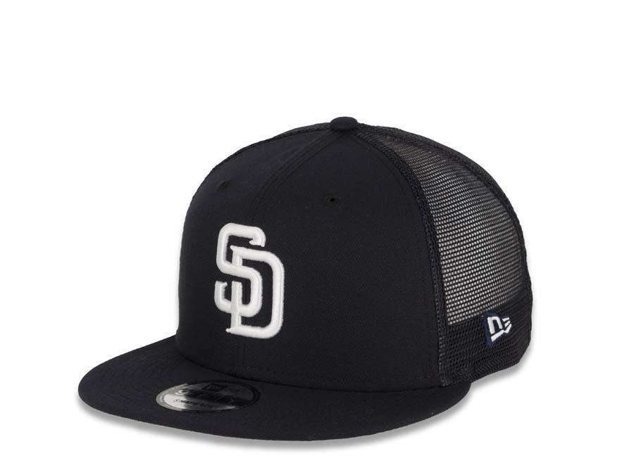 San Diego Padres New Era MLB 9FIFTY 950 Mesh Trucker Snapback Cap Hat Black Crown/Visor Black/White Logo