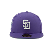 Load image into Gallery viewer, New Era MLB 59Fifty 5950 Fitted San Diego Padres Cap Hat Light Purple Crown White Logo Go Padres Side Patch Sky Blue UV
