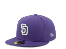 Load image into Gallery viewer, New Era MLB 59Fifty 5950 Fitted San Diego Padres Cap Hat Light Purple Crown White Logo Go Padres Side Patch Sky Blue UV
