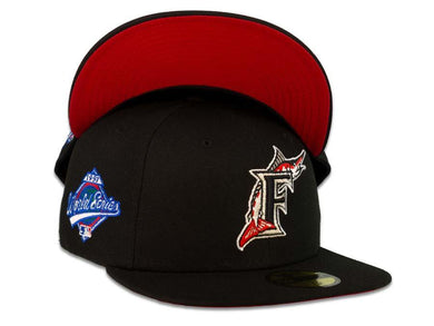 New Era MLB 59Fifty 5950 Fitted Floria Marlins Cap Hat Black Crown Black/Red/White/Metallic Silver Logo 1997 World Series Side Patch Red UV