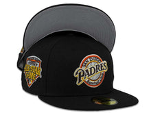 Load image into Gallery viewer, New Era MLB 59Fifty 5950 Fitted San Diego Padres Cap Hat Black Crown Brow/White/Yellow/Orage Cooperstown Retro Logo 2016 All-Star Game Side Patch Gray UV

