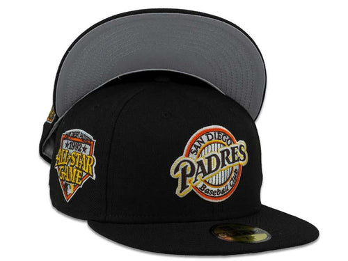 New Era MLB 59Fifty 5950 Fitted San Diego Padres Cap Hat Black Crown Brow/White/Yellow/Orage Cooperstown Retro Logo 2016 All-Star Game Side Patch Gray UV