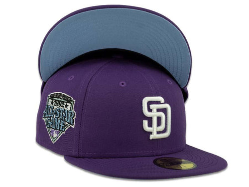 New Era MLB 59Fifty 5950 Fitted San Diego Padres Cap Hat Dark Purple Crown White Logo 2016 All-Star Game Side Patch Sky Blue UV