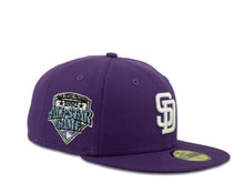 Load image into Gallery viewer, New Era MLB 59Fifty 5950 Fitted San Diego Padres Cap Hat Dark Purple Crown White Logo 2016 All-Star Game Side Patch Sky Blue UV
