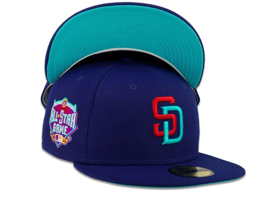 New Era MLB 59Fifty 5950 Fitted San Diego Padres Cap Hat Dark Royal Crown Flame Red/Blue Logo 2016 All-Star Game Side Patch Blue UV