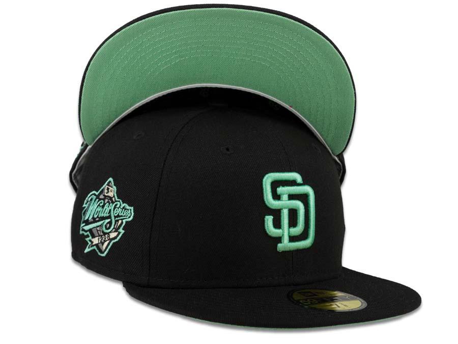 New Era MLB 59Fifty 5950 Fitted San Diego Padres Cap Hat Black Crown Mint Logo 1998 World Series Side Patch Mint UV