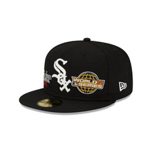 Load image into Gallery viewer, Chicago White Sox New Era MLB 59Fifty 5950 Fitted Hat Royal Black Crown/Visor White Logo with World Series Champions 2005 Patches Gray UV
