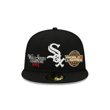 Load image into Gallery viewer, Chicago White Sox New Era MLB 59Fifty 5950 Fitted Hat Royal Black Crown/Visor White Logo with World Series Champions 2005 Patches Gray UV
