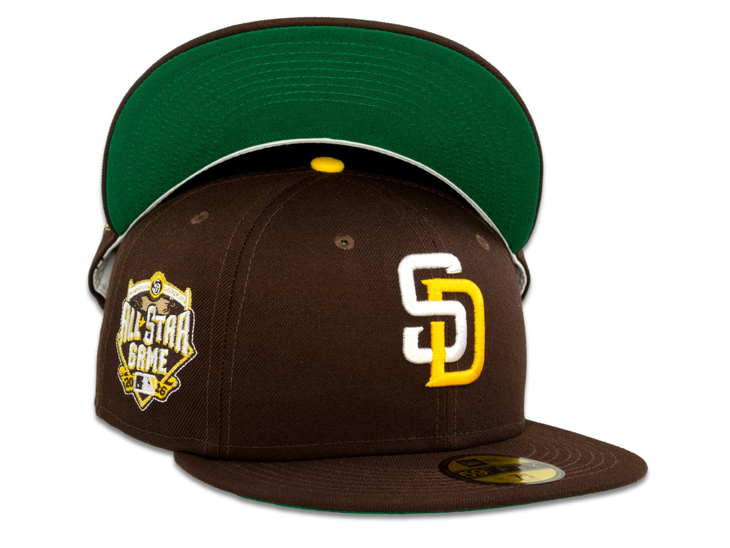 San Diego Padres New Era MLB 59Fifty 5950 Fitted Cap Hat Dark Brown Crown White/Yellow Logo 2016 All-Star Game Side Patch Green UV