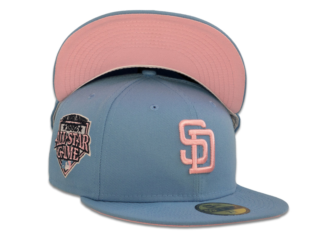 San Diego Padres New Era MLB 59Fifty 5950 Fitted Cap Hat Sky Blue Crown Pink Logo 1992 All-Star Game Side Patch Pink UV