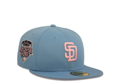 Load image into Gallery viewer, San Diego Padres New Era MLB 59Fifty 5950 Fitted Cap Hat Sky Blue Crown Pink Logo 1992 All-Star Game Side Patch Pink UV

