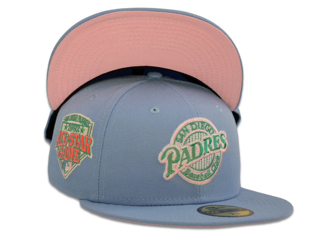 San Diego Padres New Era MLB 59Fifty 5950 Fitted Cap Hat Sky Blue Crown Pink/Aqua Baseball Club Retro Logo 1992 All-Star Game Side Patch