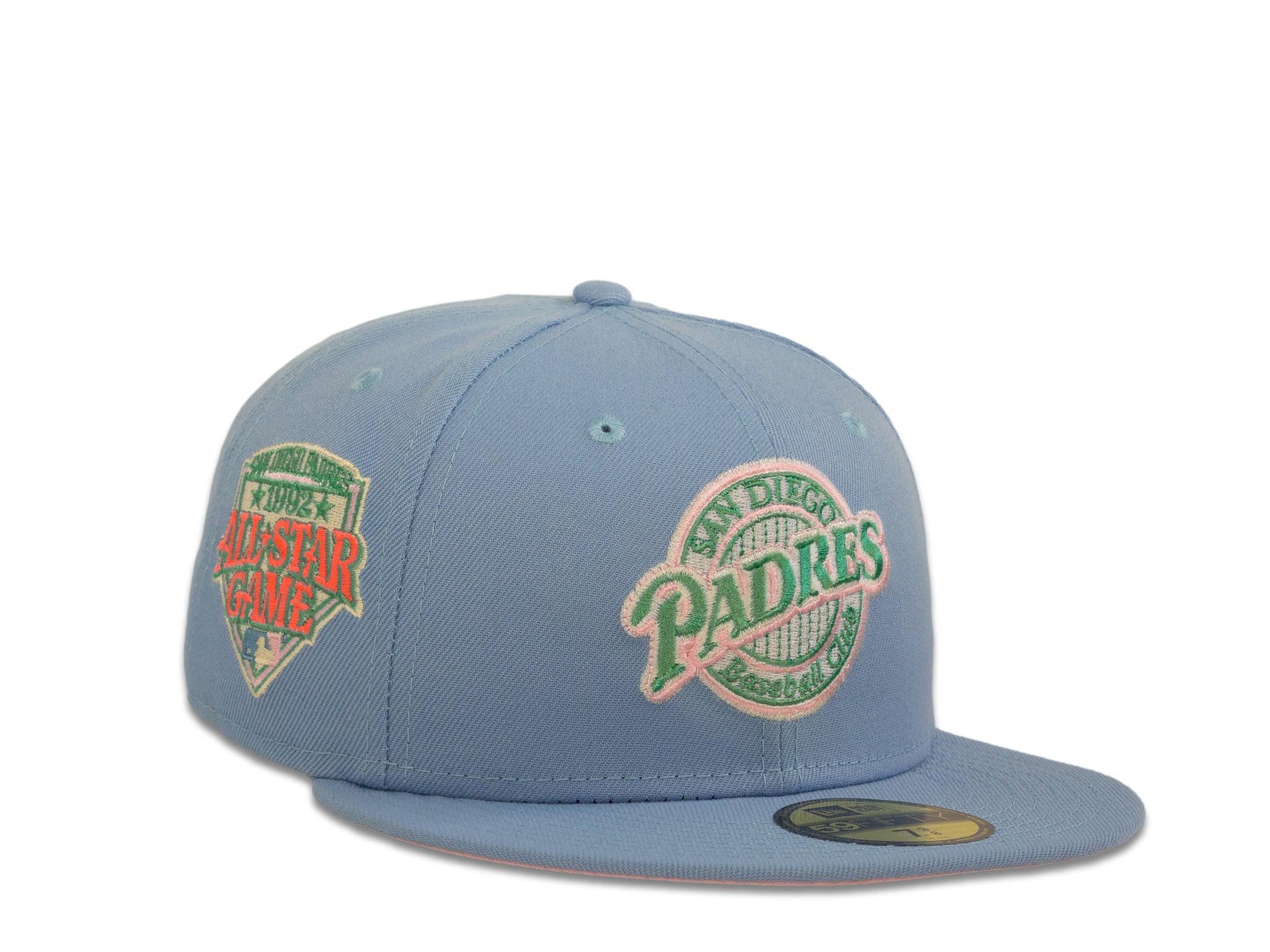 San Diego Padres New Era MLB 59Fifty 5950 Fitted Cap Hat Sky Blue Crown  Pink/Aqua Baseball Club Retro Logo 1992 All-Star Game Side Patch