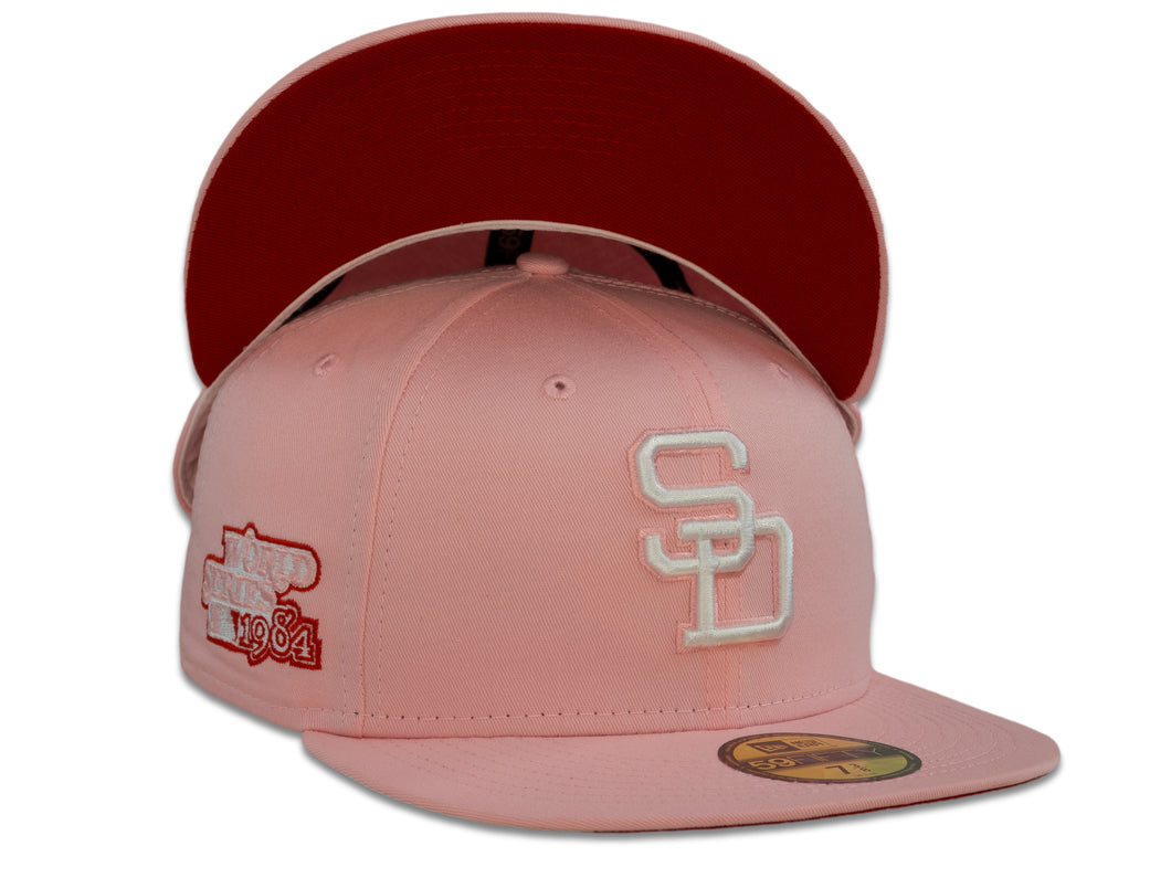 San Diego Padres New Era MLB 59Fifty 5950 Fitted Cap Hat Pink Crown White Cooperstown Retro Logo 1984 World Series Side Patch Red UV