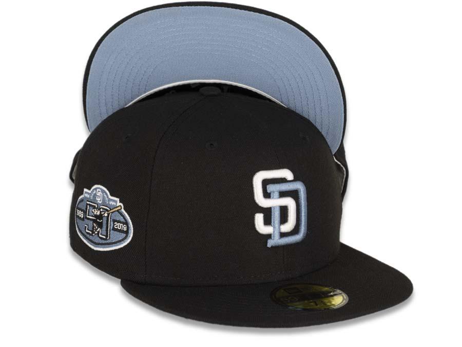 San Diego Padres New Era MLB 59FIFTY 5950 Fitted Cap Hat Black Crown/Visor White/Sky Blue Logo 50th Anniversary Side Patch