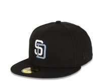 Load image into Gallery viewer, San Diego Padres New Era MLB 59FIFTY 5950 Fitted Cap Hat Black Crown/Visor White/Sky Blue Logo 50th Anniversary Side Patch
