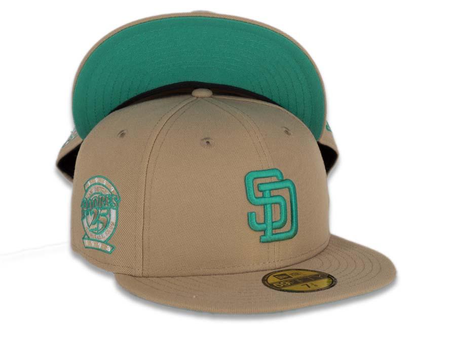 San Diego Padres New Era MLB 59Fifty 5950 Fitted Cap Hat Khaki Crown/Visor Teal Logo 25th Anniversary Side Patch Teal UV