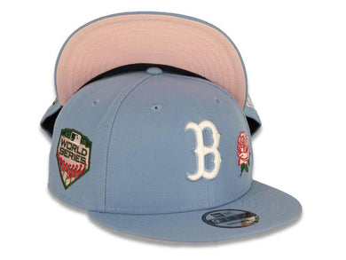 Boston Red Sox New Era MLB 9Fifty 950 Snapback Cap Hat Sky Blue Crown/Visor White Logo with Rose 2018 World Series Side Patch Pink UV