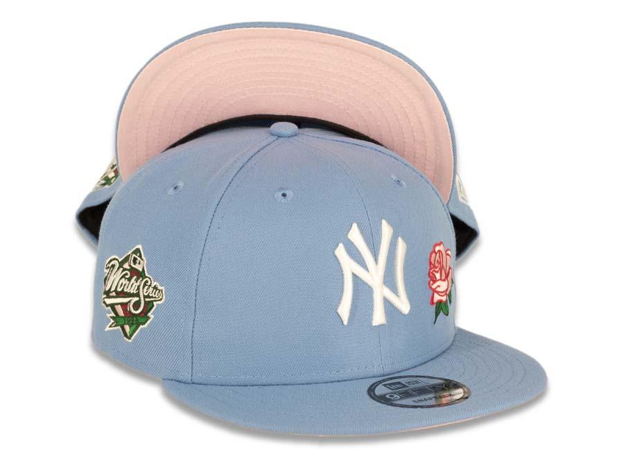 New York Yankees New Era MLB 9Fifty 950 Snapback Cap Hat Sky Blue Crown/Visor White Logo with Rose 1998 World Series Side Patch Pink UV