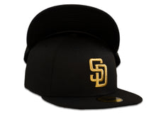 Load image into Gallery viewer, San Diego Padres New Era MLB 59Fifty 5950 Fitted Cap Hat Black Crown Metallic Gold Logo Black UV
