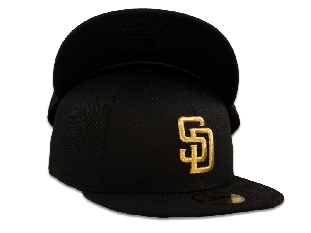 San Diego Padres New Era MLB 59Fifty 5950 Fitted Cap Hat Black Crown Metallic Gold Logo Black UV
