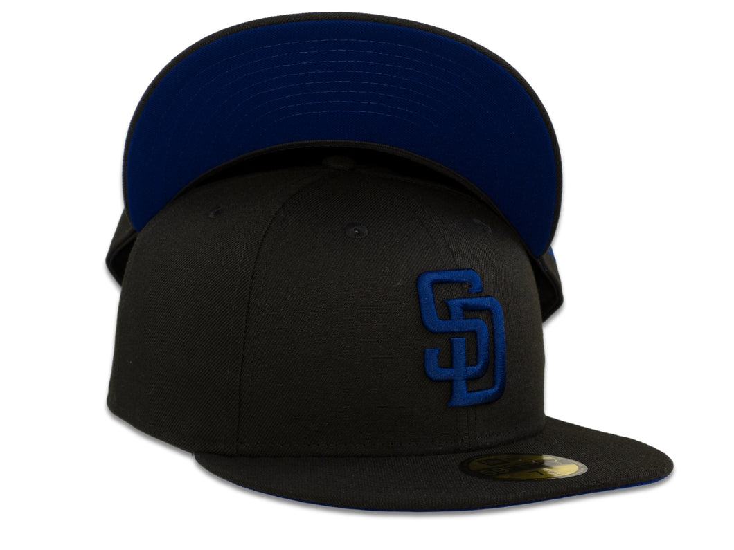 San Diego Padres New Era MLB 59Fifty 5950 Fitted Cap Hat Black Crown Royal Blue Logo Royal Blue UV