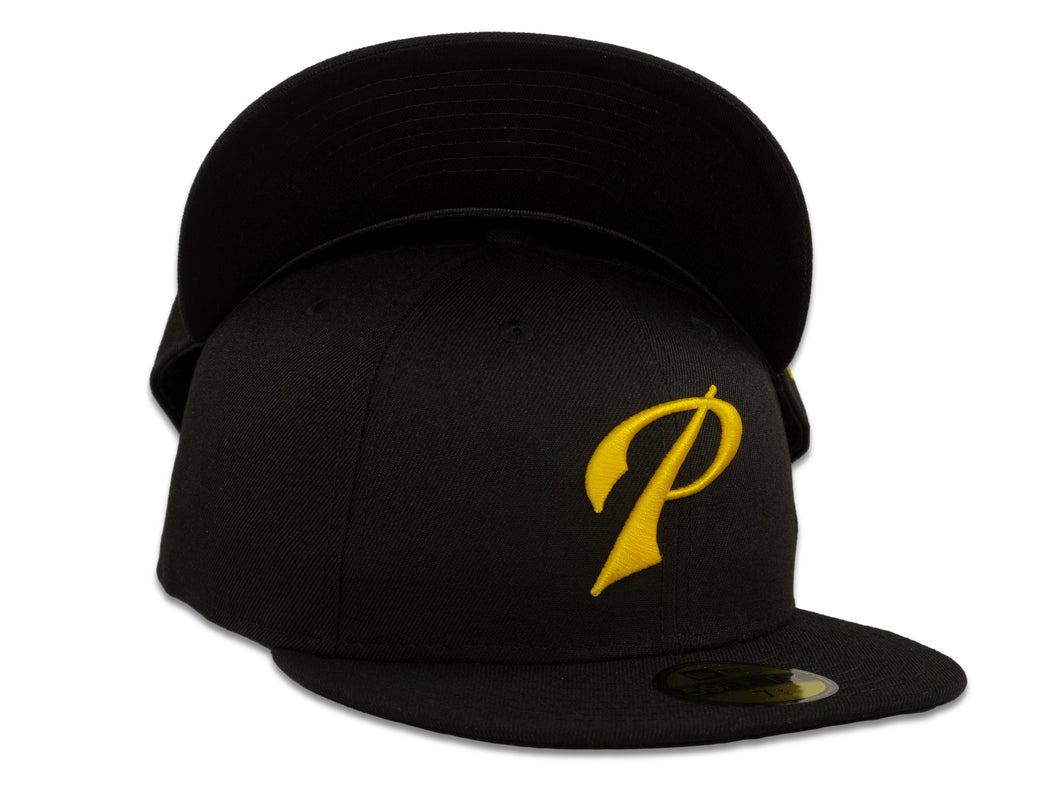 San Diego Padres New Era MLB 59Fifty 5950 Fitted Cap Hat Black Crown Yellow Script Logo Black UV