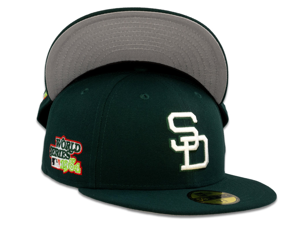 San Diego Padres New Era MLB 59Fifty 5950 Fitted Cap Hat Forest Green Crown White Cooperstown Retro Logo 1984 World Series Side Patch Gray UV