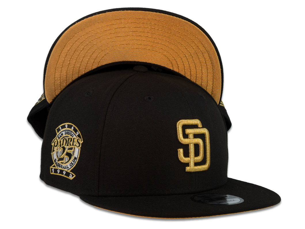 San Diego Padres New Era MLB 9Fifty 950 Snapback Cap Hat Black Crown Metallic Gold Logo 25th Anniversary Side Patch Metallic Gold UV