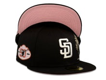 Load image into Gallery viewer, San Diego Padres New Era MLB 59Fifty 5950 Fitted Cap Hat Black Crown White Logo with Palm Tree 50th Anniversary Side Patch Pink UV
