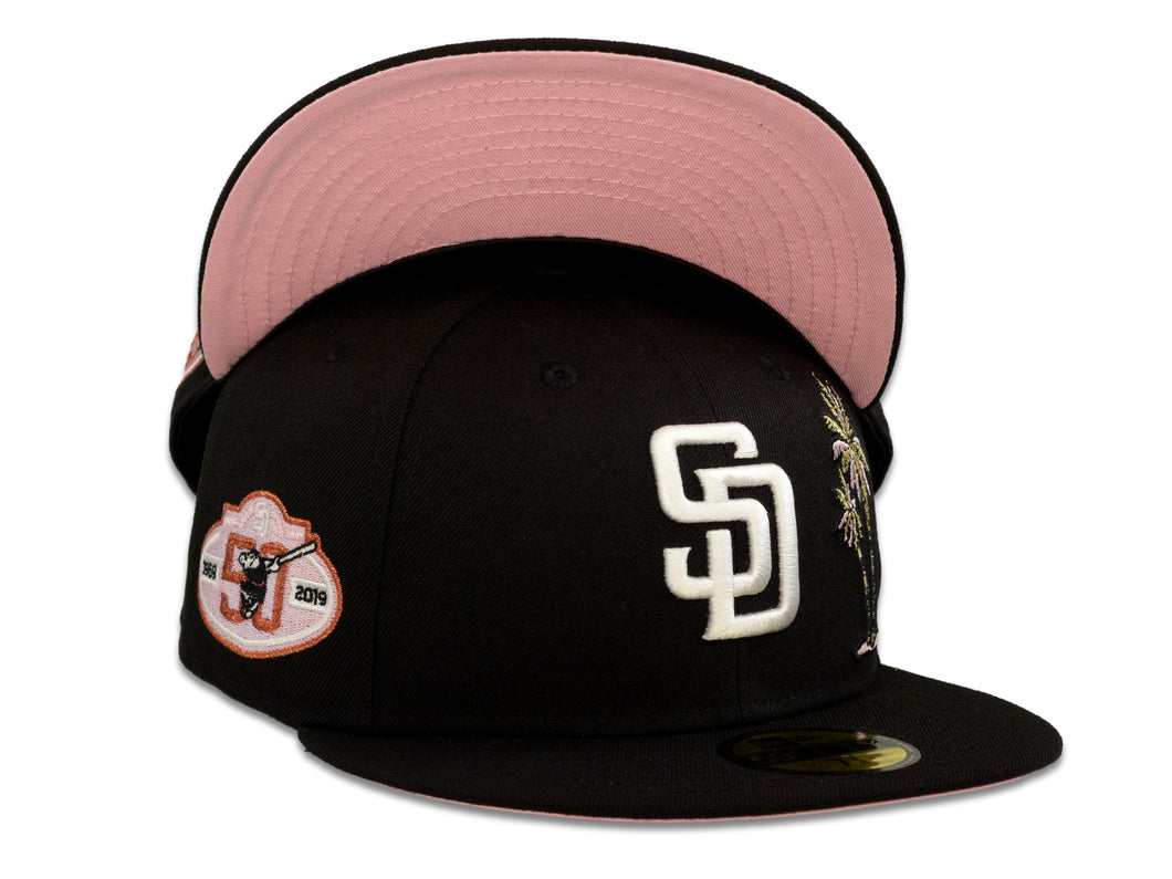 San Diego Padres New Era MLB 59Fifty 5950 Fitted Cap Hat Black Crown White Logo with Palm Tree 50th Anniversary Side Patch Pink UV