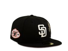 Load image into Gallery viewer, San Diego Padres New Era MLB 59Fifty 5950 Fitted Cap Hat Black Crown White Logo with Palm Tree 50th Anniversary Side Patch Pink UV
