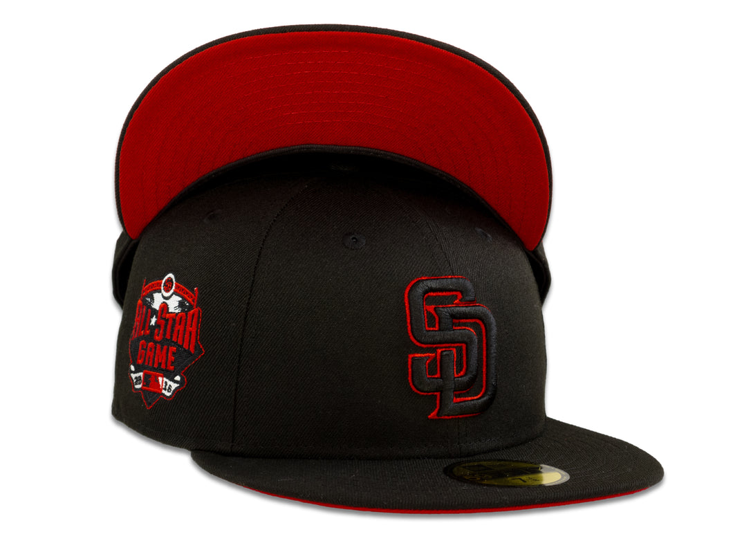 San Diego Padres New Era MLB 59Fifty 5950 Fitted Cap Hat Black Crown Black/Red Logo 2016 All-Star Game Side Patch Red UV