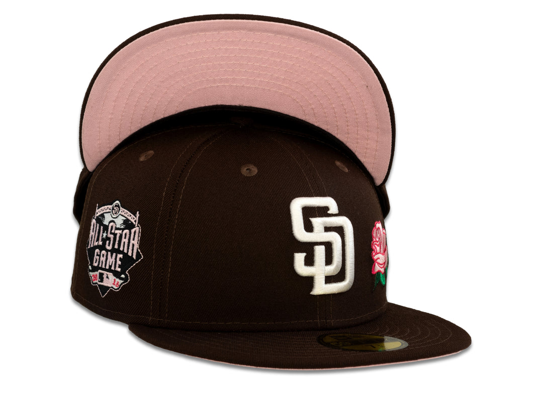 San Diego Padres New Era MLB 59Fifty 5950 Fitted Cap Hat Dark Brown Crown White Logo with Rose 2016 All-Star Game Side Patch Pink UV