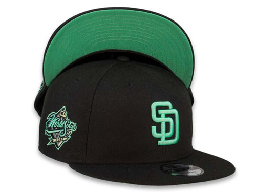 New Era MLB 9Fifty 950 Snapback San Diego Padres Cap Hat Black Crown Mint Logo 1998 World Series Side Patch Mint UV