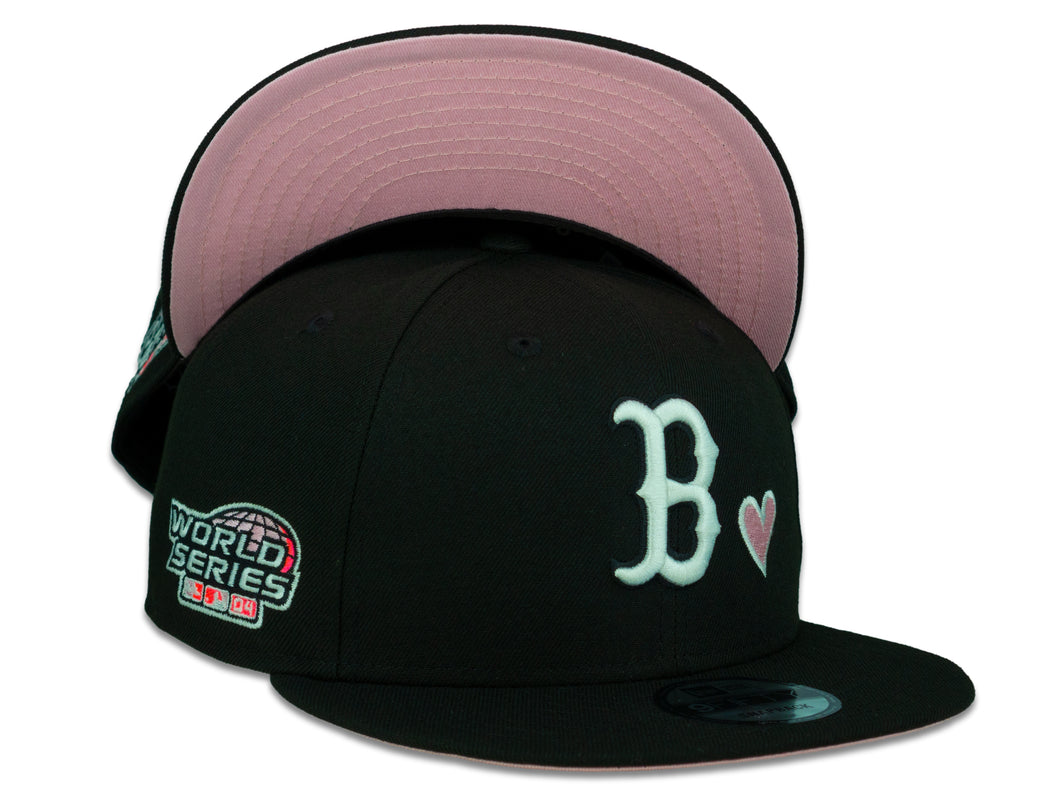 Boston Red Sox New Era MLB 9Fifty 950 Snapback Cap Hat Black Crown White Logo with Heart 2004 World Series Side Patch Pink UV