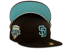 Load image into Gallery viewer, San Diego Padres New Era MLB 59Fifty 5950 Fitted Cap Hat Black Crown Sky Blue Logo 1992 All-Star Game Side Patch Sky Blue UV
