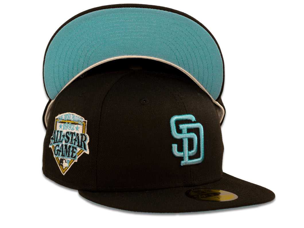 San Diego Padres New Era MLB 59Fifty 5950 Fitted Cap Hat Black Crown Sky Blue Logo 1992 All-Star Game Side Patch Sky Blue UV