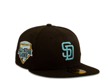Load image into Gallery viewer, San Diego Padres New Era MLB 59Fifty 5950 Fitted Cap Hat Black Crown Sky Blue Logo 1992 All-Star Game Side Patch Sky Blue UV
