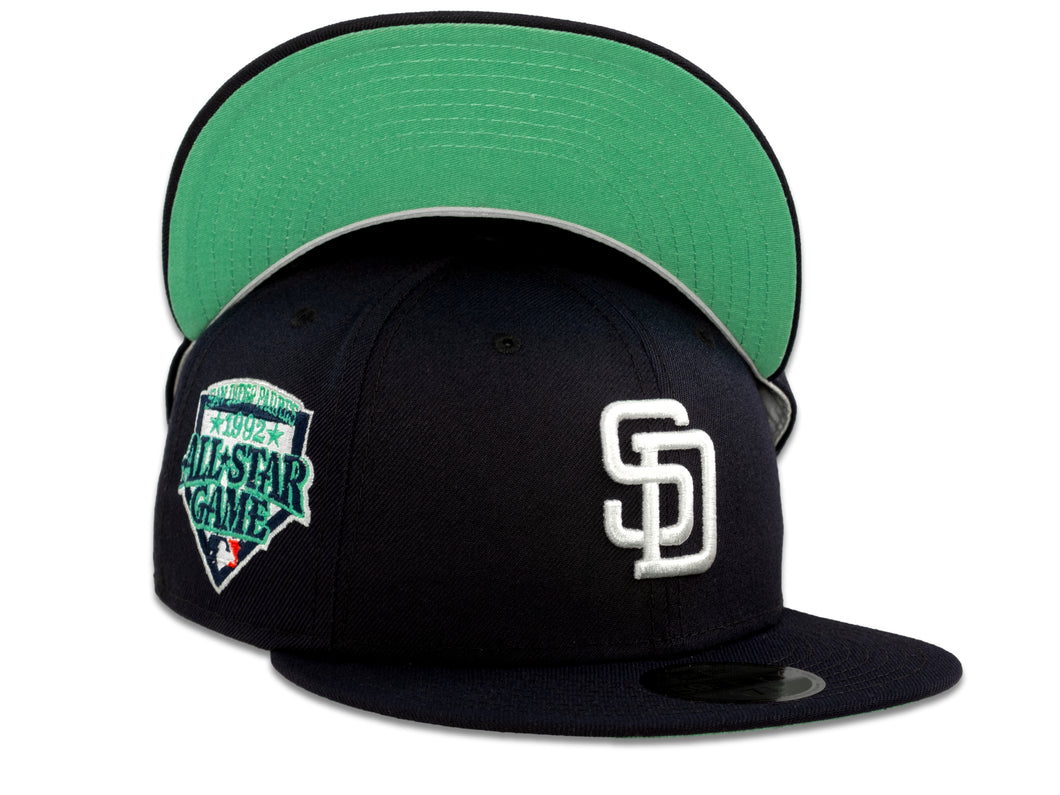 San Diego Padres New Era MLB 59Fifty 5950 Fitted Cap Hat Navy Crown White Logo 1992 All-Star Game Side Patch Mint UV