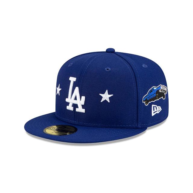 Los Angeles Dodgers New Era MLB 59Fifty 5950 Fitted Hat Royal Blue Crown/Visor White Team Color Logo with Multiple Patches Gray UV (City Transit)