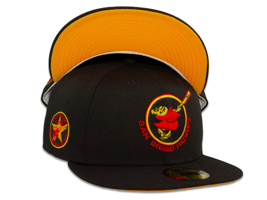 San Diego Padres New Era MLB 59Fifty 5950 Fitted Cap Hat Black Crown Red/Yellow Friar Logo 1978 All-Star Game Side Patch Yellow UV