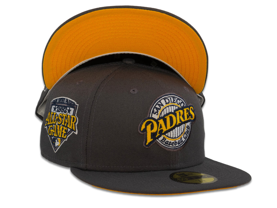 San Diego Padres New Era MLB 59Fifty 5950 Fitted Cap Hat Dark Gray Crown Yellow/White Logo Baseball Club Retro Logo 1992 All-Star Game Side Patch