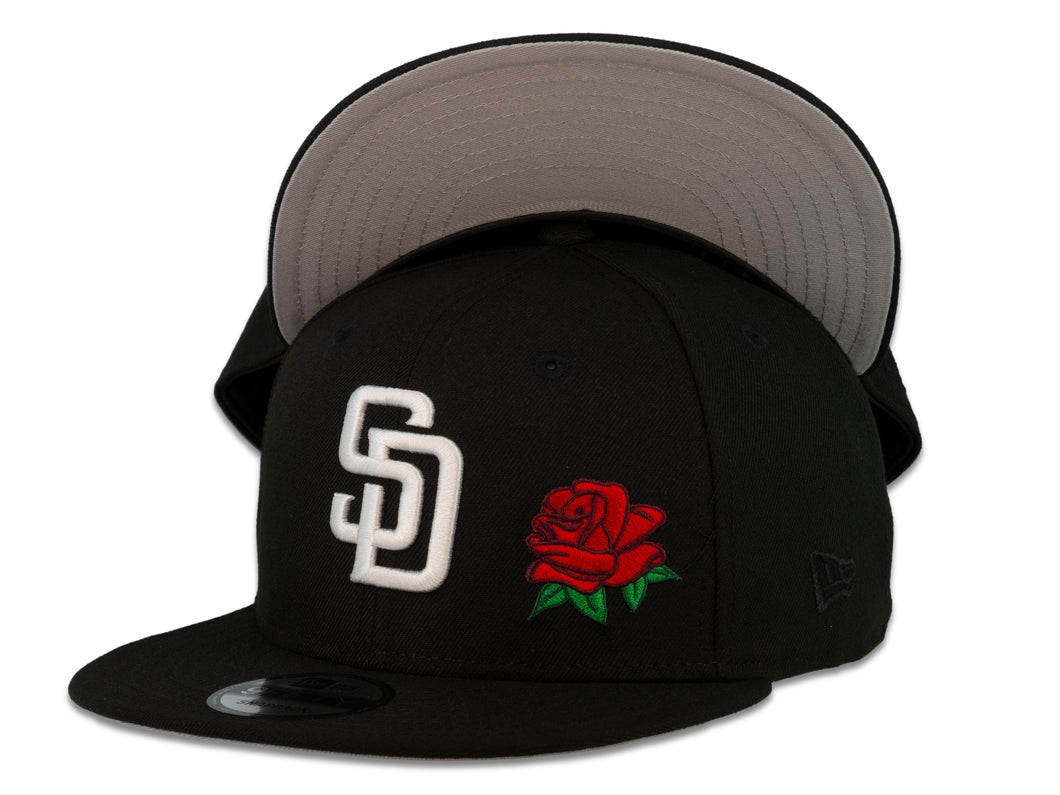 San Diego Padres New Era MLB 9Fifty 950 Snapback Cap Hat Black Crown White Logo with Rose Gray UV