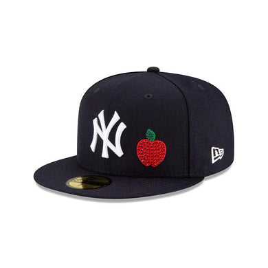 New York Yankees New Era MLB 59Fifty 5950 Fitted Cap Hat Navy Crown/Visor White Team Color Logo with Multiple Patches (Crystal Icon)