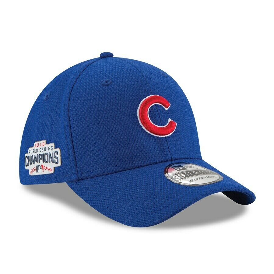 Chicago Cubs New Era MLB 39Thirty 3930 Flexfit Cap Hat Diamond Era Fabric Team Color Royal Blue Crown/Visor Red/White Logo 2016 World Series Side Patch