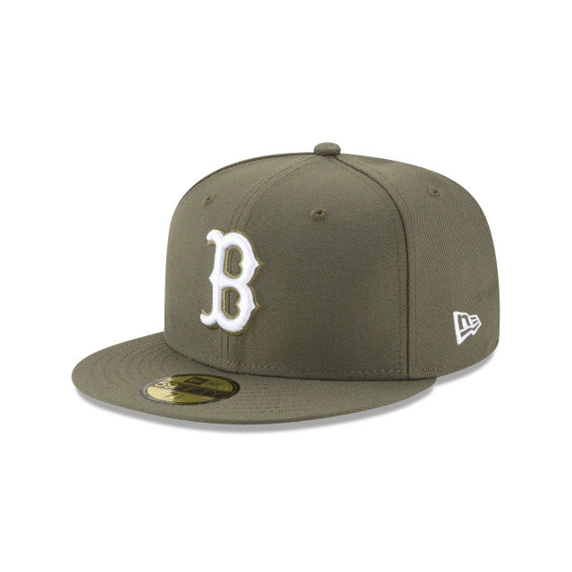 Boston Red Sox New Era MLB 59FIFTY 5950 Fitted Cap Hat Olive Crown/Visor White Logo