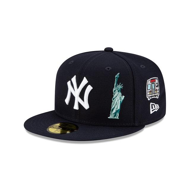 New York Yankees New Era MLB 59Fifty 5950 Fitted Hat Navy Crown/Visor White Team Color Logo with Multiple Patches Gray UV (City Transit)