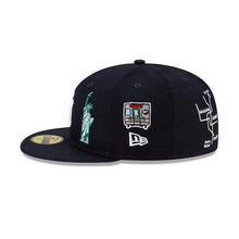 Load image into Gallery viewer, New York Yankees New Era MLB 59Fifty 5950 Fitted Hat Navy Crown/Visor White Team Color Logo with Multiple Patches Gray UV (City Transit)
